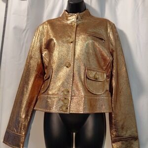 Vintage Y2k BAGATELLE LEATHER Gold Metallic BLAZER JACKET COAT LINED‎ Medium
